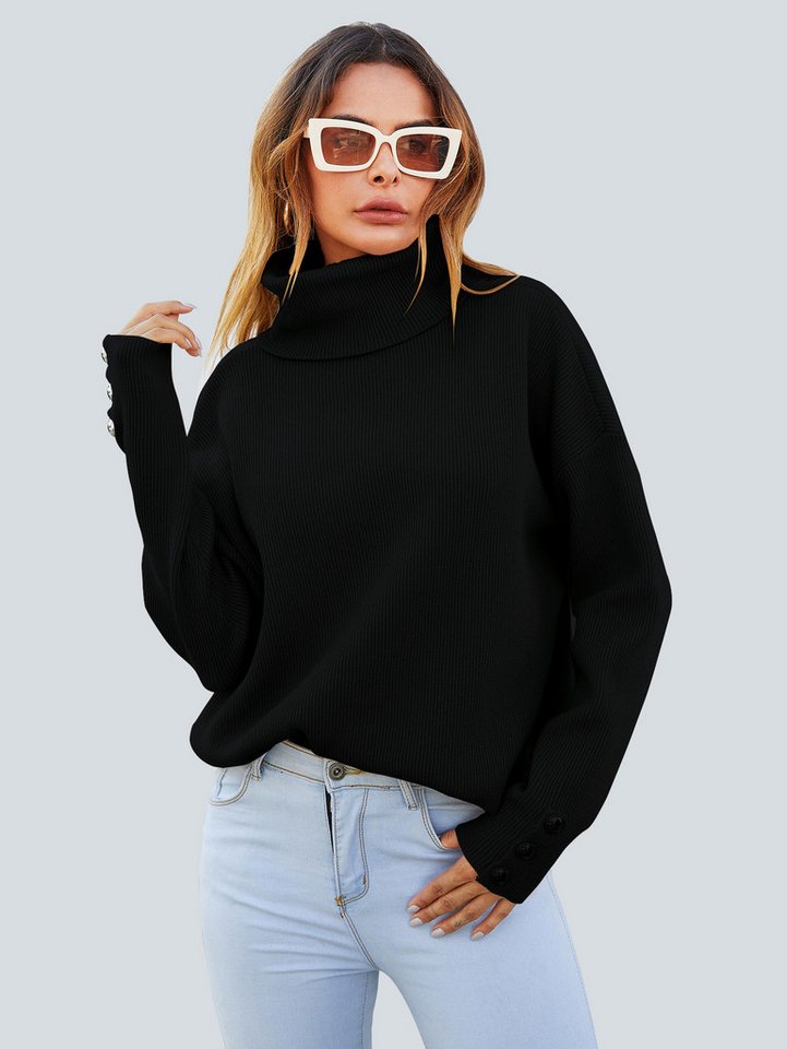 FS Collection Strickpullover Pulloveroberteil mit Knopfdetail am Ärmel und hohem Halsausschnitt (Einheitsgröße: UK 8–14 / EU 36–44, 4 Farben : Schwarz, Beige, Waldgrün und Orangerot) 50 % Viskose, 30 % Polyester und 20 % Polyamid von FS Collection