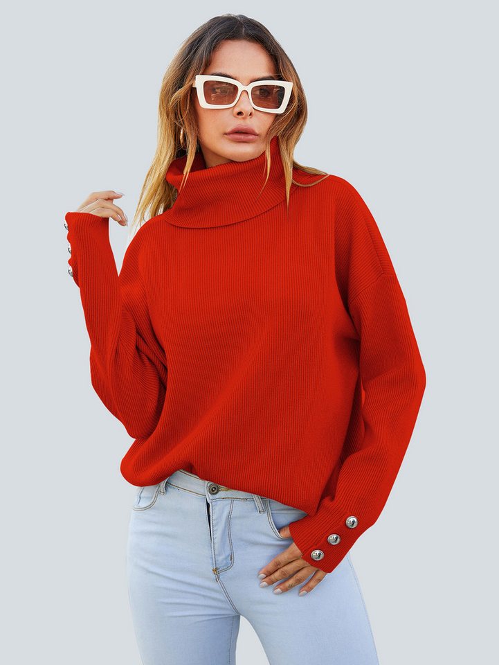 FS Collection Strickpullover Pulloveroberteil mit Knopfdetail am Ärmel und hohem Halsausschnitt (Einheitsgröße: UK 8–14 / EU 36–44, 4 Farben : Schwarz, Beige, Waldgrün und Orangerot) 50 % Viskose, 30 % Polyester und 20 % Polyamid von FS Collection