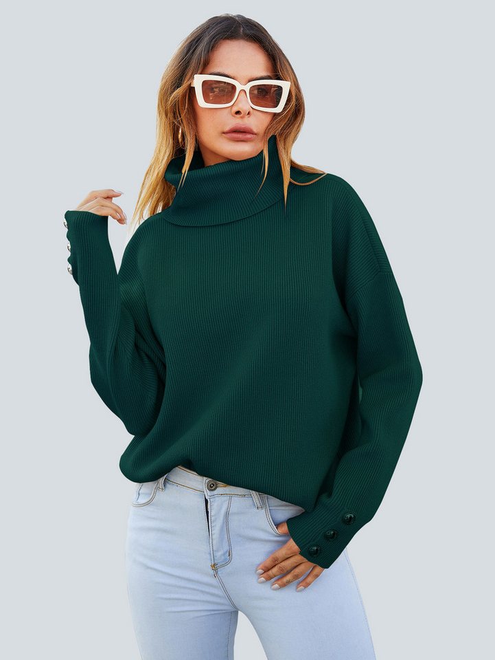 FS Collection Strickpullover Pulloveroberteil mit Knopfdetail am Ärmel und hohem Halsausschnitt (Einheitsgröße: UK 8–14 / EU 36–44, 4 Farben : Schwarz, Beige, Waldgrün und Orangerot) 50 % Viskose, 30 % Polyester und 20 % Polyamid von FS Collection