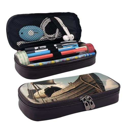 FSCEV Old Viking Boat Leder Federmäppchen Schreibwaren Tragbare Multifunktionale Aufbewahrungstasche Akademie Supplies von FSCEV