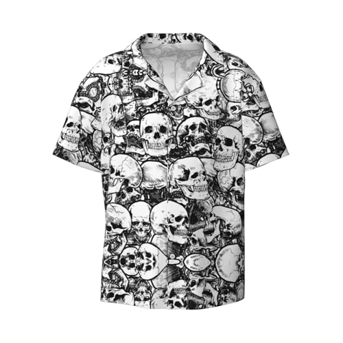 FSCEV Schwarz und Weiß Schädel Muster Herren Casual Kurzarm Hemd Geknöpft Cardigan Strand Outdoor Freizeit Urlaub, Schwarz , 4XL von FSCEV