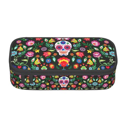 FSCEV Sugar Horror Skull and Flowers Pencil Case Big Capacity Pencil Case Office Large Storage Bag Pouch Holder, Schwarz , Einheitsgröße, Taschen-Organizer von FSCEV