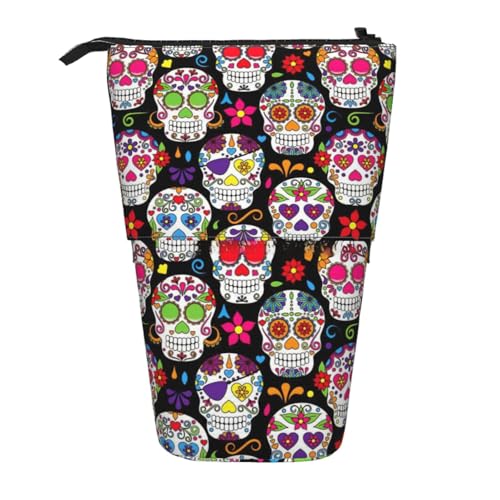 Federmäppchen mit bunten Totenköpfen, vertikal, einziehbar, Aufbewahrungstasche, tägliche Aufbewahrung für Schule, Büro, Make-up-Tasche von FSCEV
