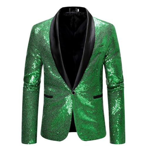 FSFA Blazer für Herren, mit goldfarbenen Pailletten, Charme, Ein-Knopf, lässig, Anzug, langärmlig, elegant, Anzug, Jacke, Revers, Slim Fit Top, Z-#D-Grün, XXL von FSFA