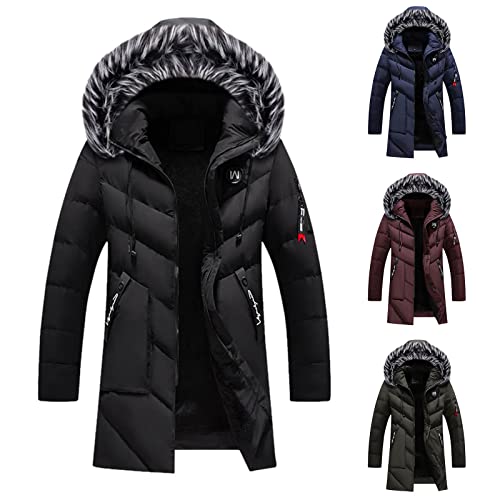 FSFA Herren Winterparka mittellange Daunenjacke für Herren mit Pelz Warm Mantel mit Kapuze mit Taschen winddicht Daunenjacke Herren Kapuze Pelz Außen Daunenjacke, A-Schwarz, L von FSFA