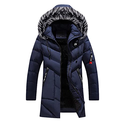 FSFA Herren Winterparka mittellange Daunenjacke für Herren mit Pelz Warm Mantel mit Kapuze mit Taschen winddicht Daunenjacke Herren Kapuze Pelz Außen Daunenjacke, dunkelblau, XXL von FSFA