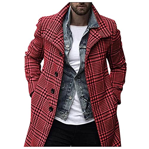 FSFA Langer Wollmantel mit Karomuster für Herren, elegant, Stehkragen, Knöpfe, Jacke, winddicht, Winter, Blazer, große Größe, Trench, lang, Revers, Slim Fit, Businessjacke, Parka Duffle-Coats, rot, S von FSFA