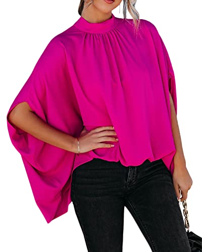 Damen Umhang Ärmel Oversize Bluse Tie Closure Hoher Ausschnitt Tops, rose, Groß von FSHAOES