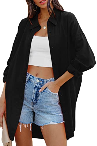 FSHAOES Damen Oversized Button Down Shirts Casual Loose Langarm Baumwollmischung Button Down Blusen Top mit Tasche, schwarz, X-Groß von FSHAOES