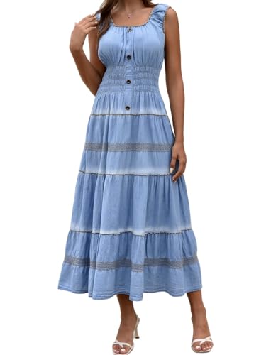 FSHUIDENIM Jeanskleid für Damen, quadratischer Ausschnitt, Knopfleiste vorne, ärmellos, elastische Taille, A-Linie, fließendes Hobo-Kleid, Bu8024, Klein von FSHUIDENIM