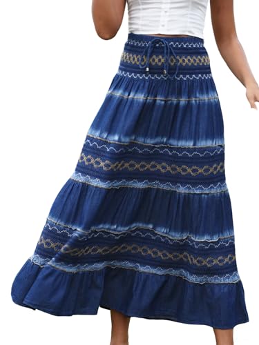 Maxi-Jeansrock für Damen, hohe Taille, plissiert, gestuft, lang, Jeans-Look mit elastischem Bund, lässiger Midirock für Damen, D8013, Klein Maxi-Jeansrock für Damen, hohe Taille, plissiert, gestuft, lang, Jeans-Look mit elastischem Bund, lässiger Midirock für Damen, D8013, Klein von FSHUIDENIM