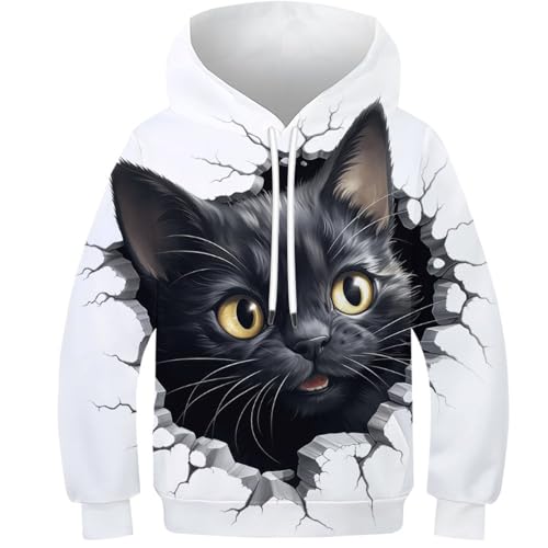FSMHDG Jugendlicher Kinder Sweatshirt Schwarze Katze in 3D - Modischer Kinder Hoodie, Vielseitiger Kinder Pullover, Perfekt Für Schule Und Freizeit von FSMHDG