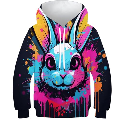 FSMHDG Kinder Hoodie Blaues Kaninchen Splatter Style in Lebhaftem 3D Design - Trendiger Kinder Pullover, Stylisches Kinder Sweatshirt, Ideal Für Jungen Und Mädchen von FSMHDG