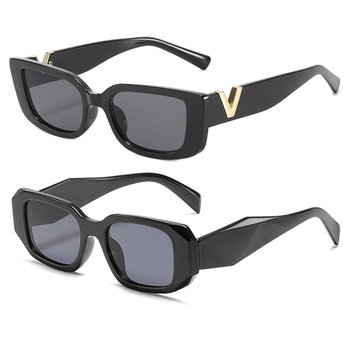 FSMILING 2 Stück Vintage Sonnenbrille Damen Herren Retro Rechteckige Sonnenbrille Schwarz Trendy 90s Eckige Brille Sunglasses women von FSMILING