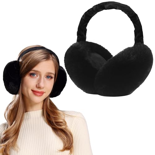 FSMILING Ohrenwärmer Damen Schwarz Ohrenschützer Damen Verstellbar Plüsch Fell Ohrenwärmer Schwarz Winter Ohrenschützer Für Damen Frauen von FSMILING