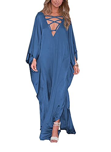 FSMO Damen Bohemian Lange Kaftan Strandkleid Bikini Cover Up Pareo V-Ausschnitt Lose Strandponcho Maxi Sommerkleid (Einheitsgröße, Blau) von FSMO