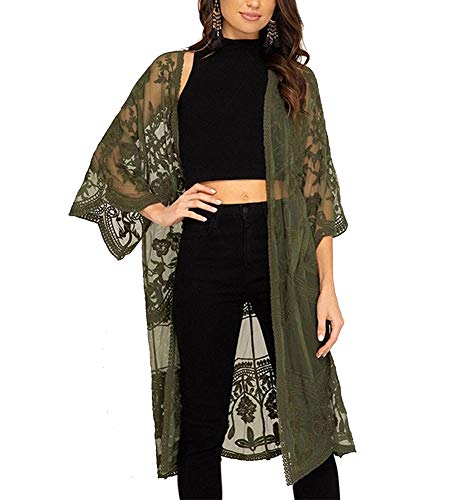 FSMO Damen Cardigan Lange Kleid Spitze Blumen Sommer Kimono Pareo Bikini Cover Up Leichte Jacke Strandkleid (Einheitsgröße, Armeegrün) von FSMO