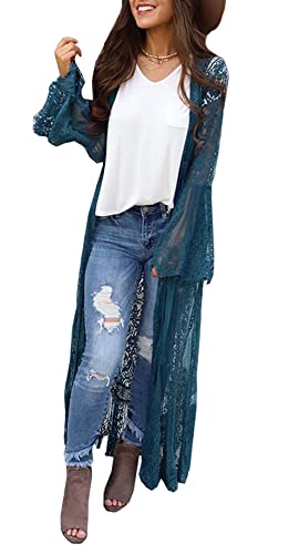 FSMO Damen Cardigan Lange Kleid Spitze Blumen Sommer Kimono Pareo Bikini Cover Up Leichte Jacke Strandkleid (Einheitsgröße, Blau Lang) von FSMO