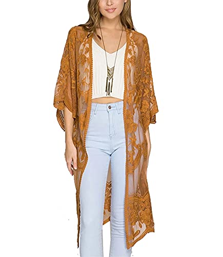 FSMO Damen Cardigan Lange Kleid Spitze Blumen Sommer Kimono Pareo Bikini Cover Up Leichte Jacke Strandkleid (Einheitsgröße, Gelb) von FSMO