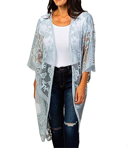 FSMO Damen Cardigan Lange Kleid Spitze Blumen Sommer Kimono Pareo Bikini Cover Up Leichte Jacke Strandkleid (Einheitsgröße, Grau-blau) von FSMO