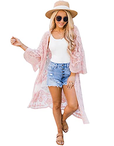 FSMO Damen Cardigan Lange Kleid Spitze Blumen Sommer Kimono Pareo Bikini Cover Up Leichte Jacke Strandkleid (Einheitsgröße, Rosa) von FSMO