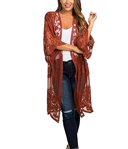 FSMO Damen Cardigan Lange Kleid Spitze Blumen Sommer Kimono Pareo Bikini Cover Up Leichte Jacke Strandkleid (Einheitsgröße, Rot) von FSMO