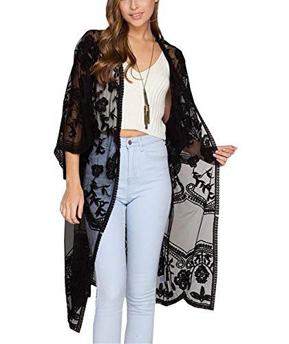 FSMO Damen Cardigan Lange Kleid Spitze Blumen Sommer Kimono Pareo Bikini Cover Up Leichte Jacke Strandkleid (Einheitsgröße, Schwarz) von FSMO