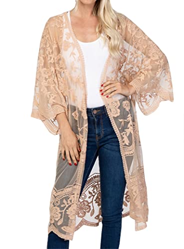 FSMO Damen Cardigan Lange Kleid Spitze Blumen Sommer Kimono Pareo Bikini Cover Up Leichte Jacke Strandkleid von FSMO