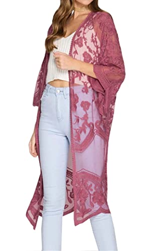 FSMO Damen Cardigan Lange Kleid Spitze Blumen Sommer Kimono Pareo Bikini Cover Up Leichte Jacke Strandkleid von FSMO