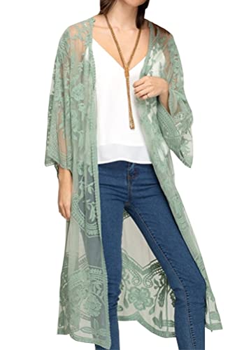 FSMO Damen Cardigan Lange Kleid Spitze Blumen Sommer Kimono Pareo Bikini Cover Up Leichte Jacke Strandkleid von FSMO