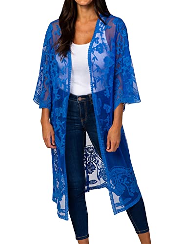 FSMO Damen Cardigan Lange Kleid Spitze Blumen Sommer Kimono Pareo Bikini Cover Up Leichte Jacke Strandkleid von FSMO