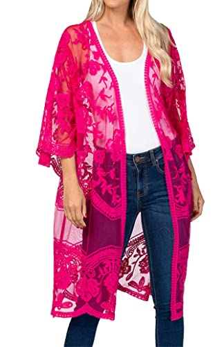 FSMO Damen Cardigan Lange Kleid Spitze Blumen Sommer Kimono Pareo Bikini Cover Up Leichte Jacke Strandkleid von FSMO