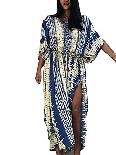 FSMO Damen Elegante Strandponcho Baumwolle Lose Sommer Lange Kaftan Bikini Cover Ups Maxi Strandkleid One Size (Einheitsgröße, Blau) von FSMO