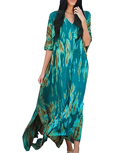 FSMO Damen Elegante Strandponcho Baumwolle Lose Sommer Lange Kaftan Bikini Cover Ups Maxi Strandkleid One Size (Einheitsgröße, Blau-grün) von FSMO