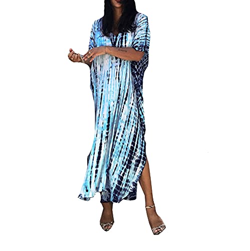 FSMO Damen Elegante Strandponcho Baumwolle Lose Sommer Lange Kaftan Bikini Cover Ups Maxi Strandkleid One Size (Einheitsgröße, Hellblau) von FSMO