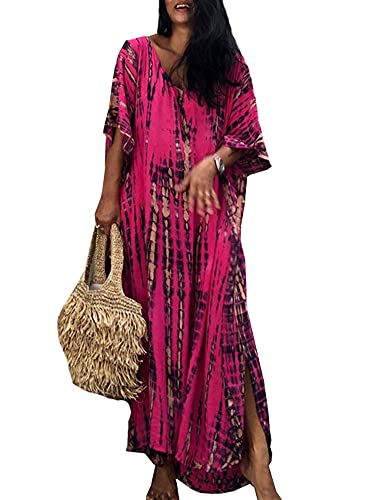 FSMO Damen Elegante Strandponcho Baumwolle Lose Sommer Lange Kaftan Bikini Cover Ups Maxi Strandkleid One Size (Einheitsgröße, Rose) von FSMO