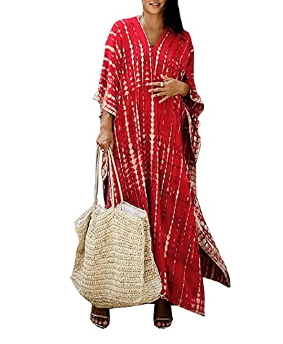 FSMO Damen Elegante Strandponcho Baumwolle Lose Sommer Lange Kaftan Bikini Cover Ups Maxi Strandkleid One Size (Einheitsgröße, Rot) von FSMO