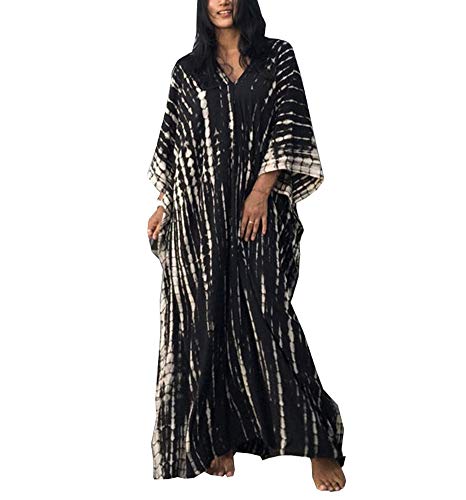 FSMO Damen Elegante Strandponcho Baumwolle Lose Sommer Lange Kaftan Bikini Cover Ups Maxi Strandkleid One Size (Einheitsgröße, Schwarz Streifen) von FSMO