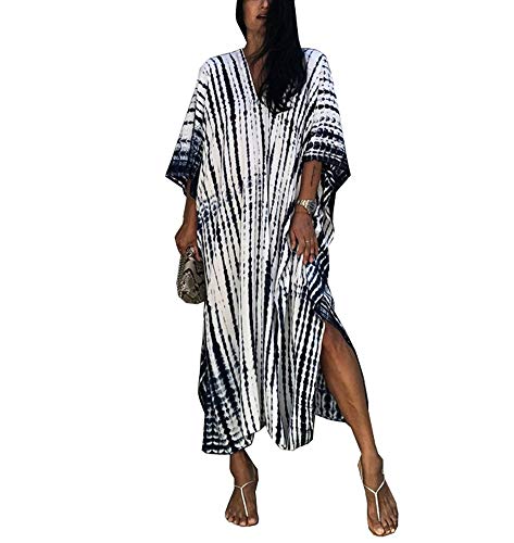 FSMO Damen Elegante Strandponcho Baumwolle Lose Sommer Lange Kaftan Bikini Cover Ups Maxi Strandkleid One Size (Einheitsgröße, Weiß Streifen) von FSMO