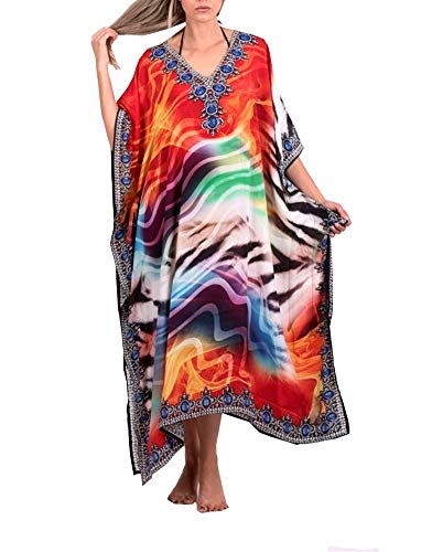 FSMO Damen Elegante Strandponcho Ethnischer Druck Lose Kaftan Smock Sommer Maxikleid von FSMO