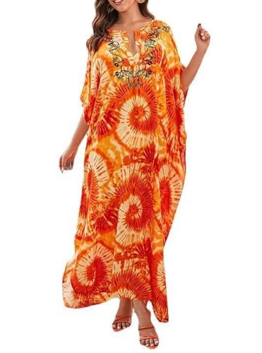 FSMO Damen Kaftan Lange Strandkleid Loungewear Übergröße Strandponcho Pareo Sommer Tunika Maxikleid von FSMO