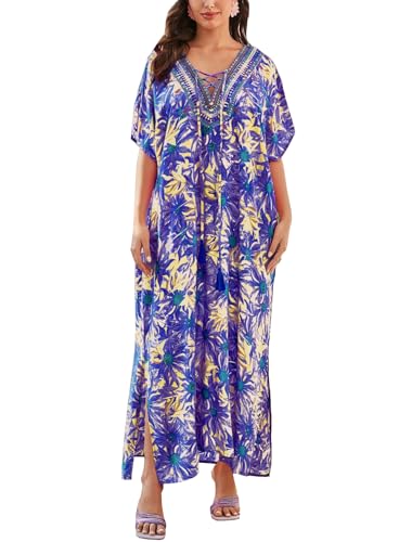 FSMO Damen Kaftan Lange Strandkleid Loungewear Übergröße Strandponcho Pareo Sommer Tunika Maxikleid von FSMO