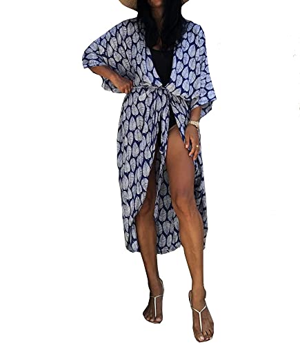 FSMO Damen Kimono Cardigan Lange Bikini Cover Up Sommer Maxikleid Leichte Strand Jacke Beachwear (Einheitsgröße, Blau Leaf) von FSMO