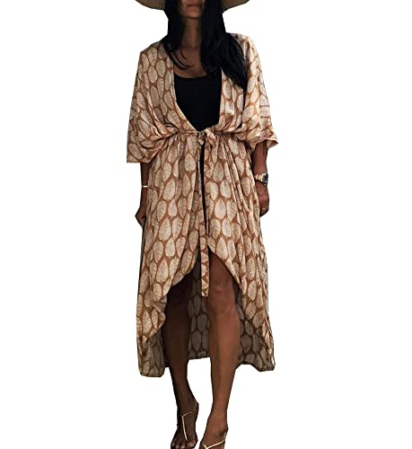 FSMO Damen Kimono Cardigan Lange Bikini Cover Up Sommer Maxikleid Leichte Strand Jacke Beachwear (Einheitsgröße, Gelb Leaf) von FSMO
