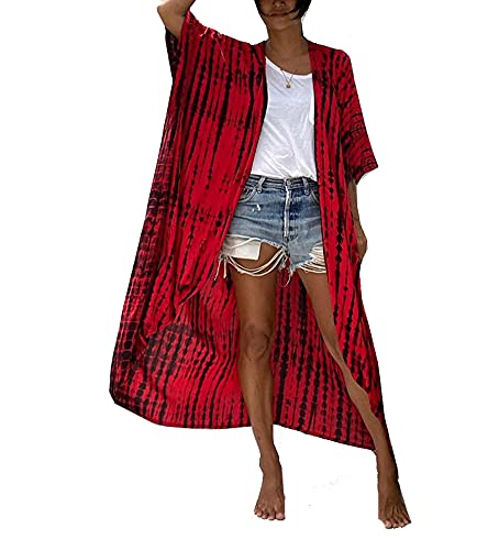 FSMO Damen Kimono Cardigan Lange Bikini Cover Up Sommer Maxikleid Leichte Strand Jacke Beachwear (Einheitsgröße, Rot Streifen) von FSMO