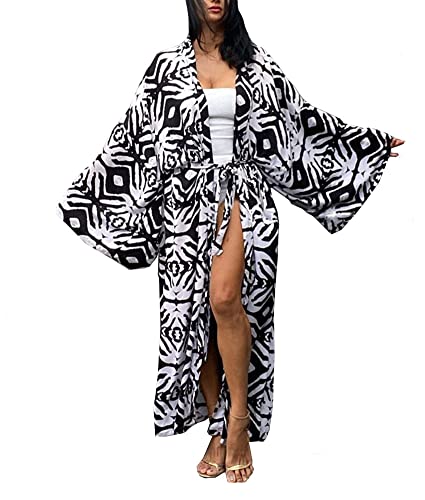 FSMO Damen Kimono Cardigan Lange Bikini Cover Up Sommer Maxikleid Leichte Strand Jacke Beachwear (Einheitsgröße, Schwarz) von FSMO
