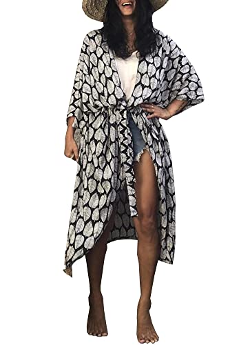 FSMO Damen Kimono Cardigan Lange Bikini Cover Up Sommer Maxikleid Leichte Strand Jacke Beachwear (Einheitsgröße, Schwarz Leaf) von FSMO