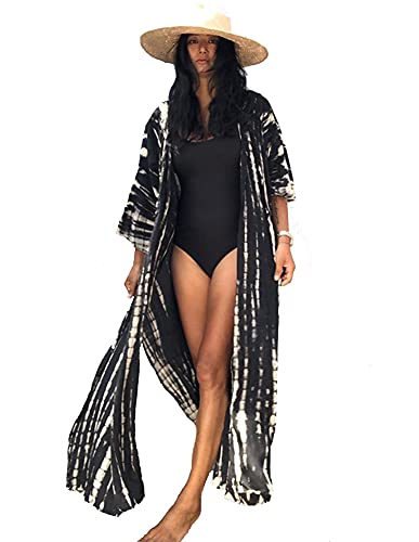 FSMO Damen Kimono Cardigan Lange Bikini Cover Up Sommer Maxikleid Leichte Strand Jacke Beachwear (Einheitsgröße, Schwarz mit Kapuze) von FSMO