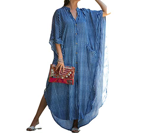 FSMO Damen Maxi Kaftan Tunika Kimono Übergroß Lange Shirt Kleid Mit Tasche Sommer Pareo Cover ups Strandkleid (Einheitsgröße, Blau) von FSMO