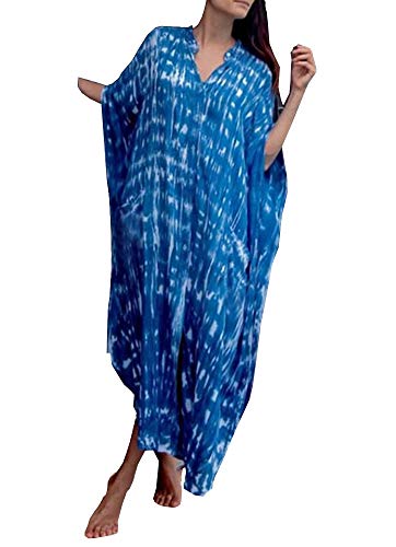 FSMO Damen Maxi Kaftan Tunika Kimono Übergroß Lange Shirt Kleid Mit Tasche Sommer Pareo Cover ups Strandkleid (Einheitsgröße, Blau Tie dye) von FSMO